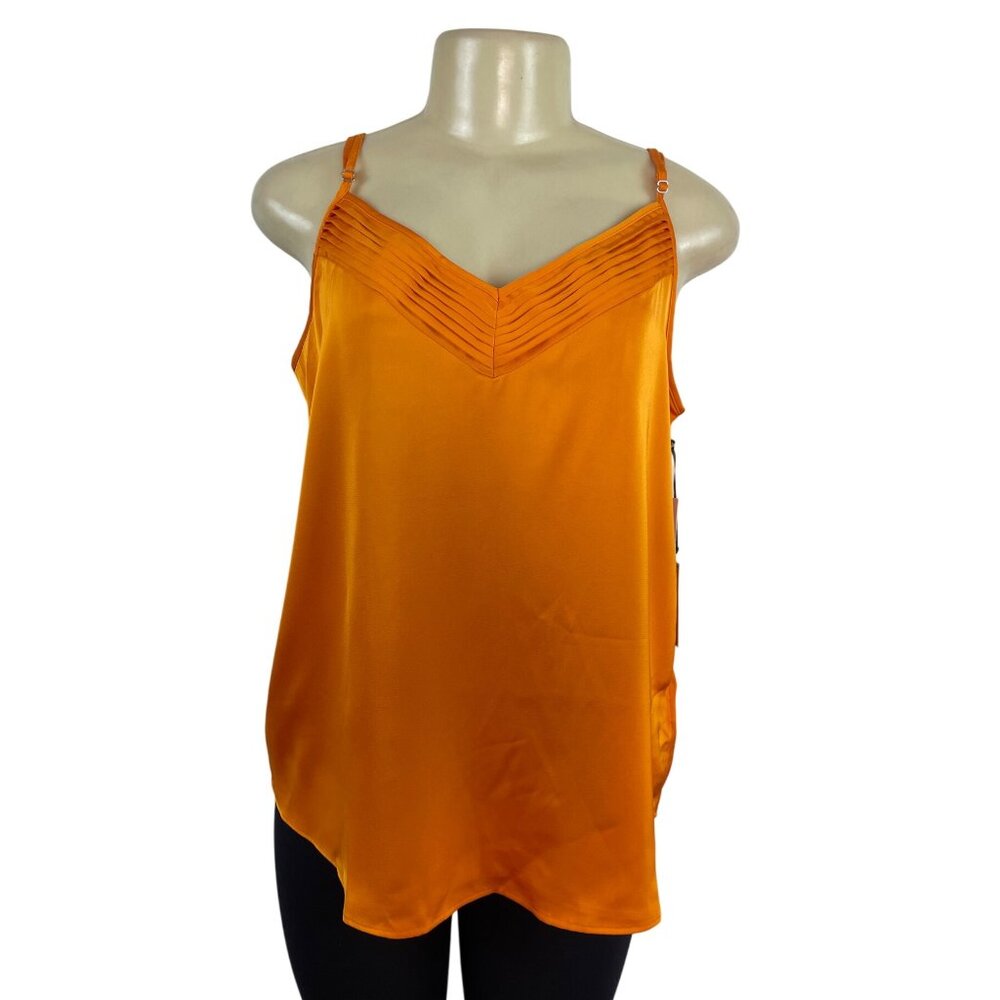 1.State Womens Orange Sleeveless V-Neck Pleated Satin Camisole Top Size L - New